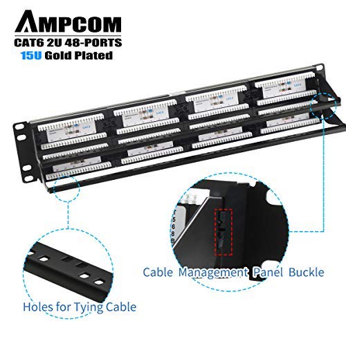 AMPCOM Premium Series CAT6 Patch Panel,15μ Gold Plated, 2U 48-Port Rackmount or Wallmount Punch Down Patch Panel, Cable Management Panel, Label Board, RJ45, 568A 568B - Thumbnail 2