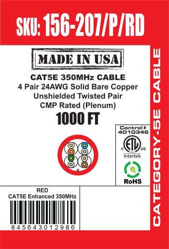CAT5E 350Mhz Ethernet Cable Plenum Rated - Made In USA - Red