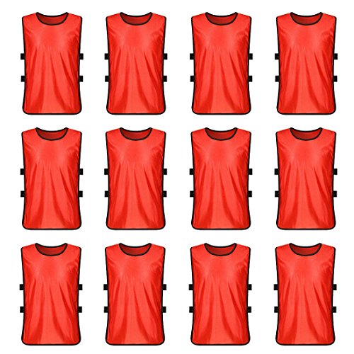 LEOSO Sports Training Pinnies Jerseys for Youth and Adults Team Practice Vests Perfect as Basketball Practice Jersey, Football Jersey or Pennies for Soccer (Red Pack 12, Youth(Age 6-14))