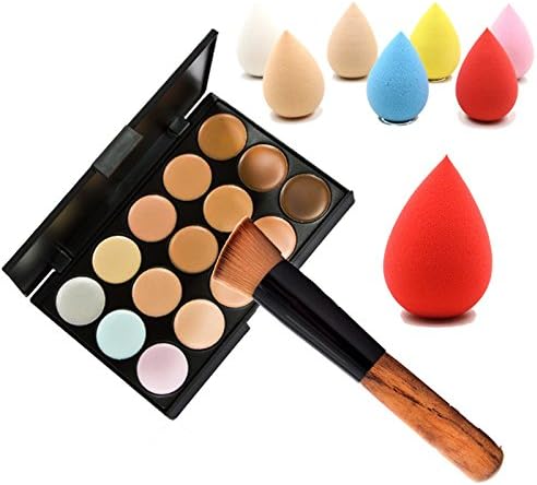 Ziaxa(TM) 15 Color Concealer Palette + Wooden Handle Brush + Teardrop-shaped Puff Makeup Base Foundation Concealers Face Powder