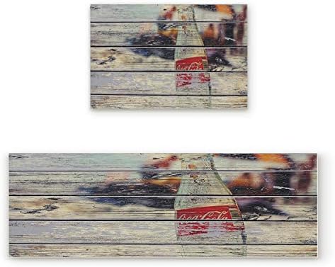 Livencher 2 Piece Non-Slip Kitchen Mat Rubber Backing Doormat Runner Rug Set,Coke Bottle Rustic Wooden Plank