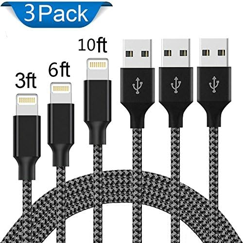 Lightning Cable,3Pack 3FT 6FT 10FT Extra Long Nylon Braided Phone Charger Cable Charging Lead Cord USB Wire for Apple iPhone X/8/8/7/7 Plus/6S/6S Plus-Gray (Gray)