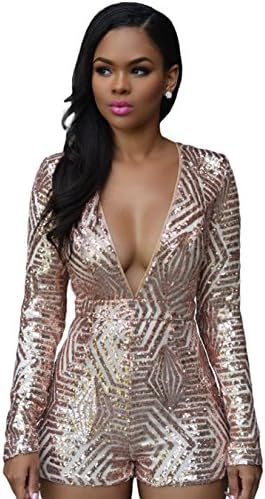 Women Sexy Long Sleeve Backless Deep V Neck Sequin Bodycon Shorts Jumpsuit Romper