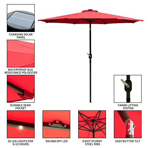 Ainfox 9 FT Solar Patio Umbrella, 32 LED Lighted with Tilt w/Crank Adjustment, 8 Steel Umbrella Ribs, Outdoor Waterproof Fade-Resistant Fabric for Garden, Deck, Backyard, Pool