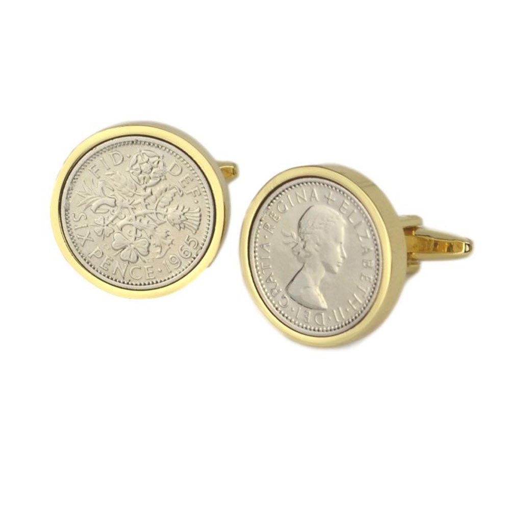 Polished Sixpence Gold Mount Cufflinks | 1965 Anniversary Coins 61st Birthday