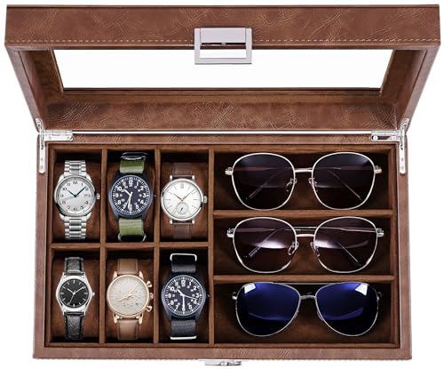 BEWISHOME Watch Box 6-Slot Watch Case and 3-Slots Sunglasses Box for Men, Sunglasses Storage with Large Glass Lid, Jewelry Box for Men Women Brown SSH18Z
