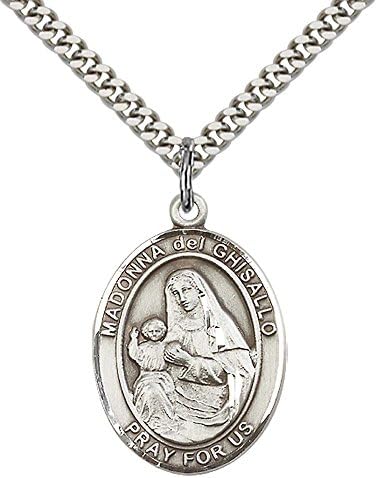 F A Dumont Church Supplies Sterling Silver St. Madonna Del Ghisallo Pendant with 24" Stainless Silver Heavy Curb Chain. Patron Saint of Cyclists
