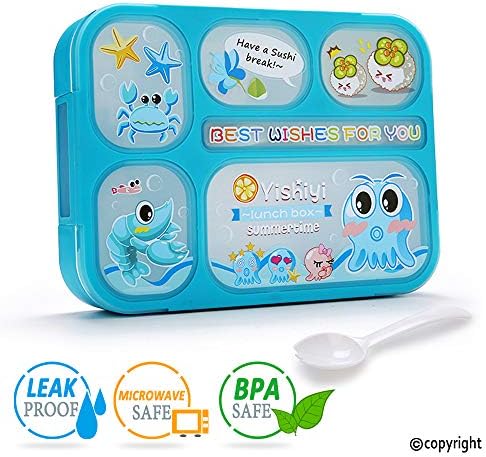 KOEPUO Leakproof Bento Lunch Box Set for Kids, Divided Insulated Lunch Container 5 Compartments Meal Prep Snacks Box with Spoon Fork Reusable Microwave Safe Food Lunchbox for Girls Boys School