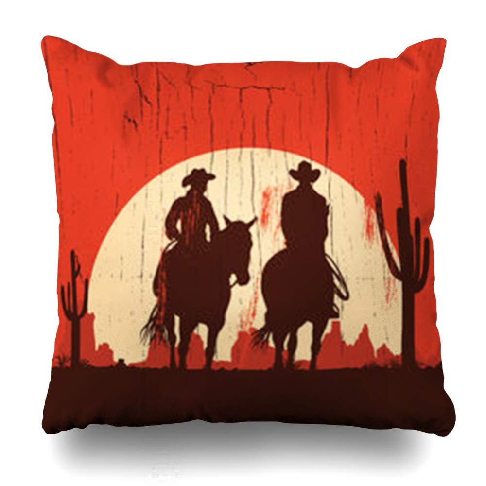 iDecorDesign Throw Pillow Covers Wild Cowboy Couple Riding Horses On Wooden Parks West Western Sunset Vintage Cowgirl Cowboys Sunsetparks Home Decor Pillow Case Square Size 16 x 16 Inches Pillowcase