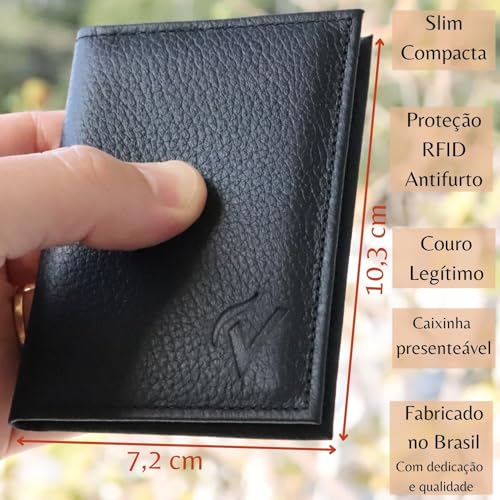 Carteira Masculina Antifurto Proteção RFID Slim Mini Couro Legítimo Cartões Cédulas CNH CIN Loja de Fabrica (Preto)