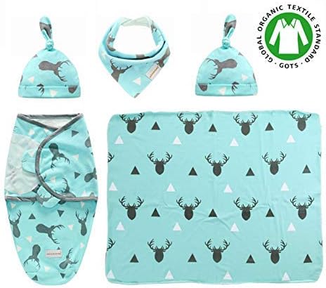 Premium Set of 5Pcs - Adjustable Infant Baby Wrap (Sleeping Bag with Hat) + Newborn Baby Swaddle Blanket with Hat + Baby Bandana Drool Bib for Drooling and Teething - Receiving Blanket, Burp Cloth