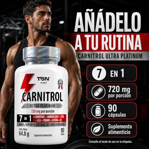 CARNITROL | PreEntreno 7 en 1 para Energía y Enfoque – 220 mg Cafeína por cápsula más L-Carnitina, ZMA, CLA, Picolinato de Cromo, B1 y D-TOX plus | TSN Testrol