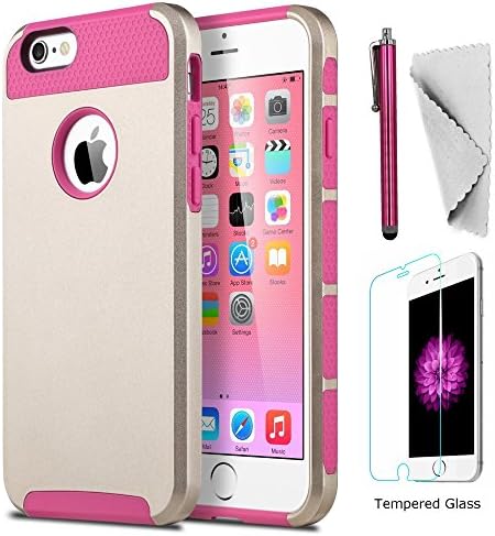 iPhone 6/6s case KXLY 2 in 1 Hybrid Heavy Duty Shockproof Protective Cover Hard PC Rugged Soft TPU Bumper Dual Layer +Tempered Glass Screen Protector+Stylus[Gold-Hot Pink]