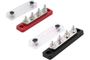 Gloaso Copper Bus Bar Power Distribution Block 100A, 4 X 3/16” Post Terminals Block, 12V- 48V DC Battery Busbars with Cover for Automotive and More, Positive & Ground, Black & Red, 2 Pack