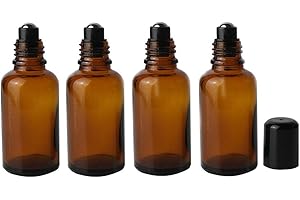 YULBEN 4Pcs Brown Glass Roll-on Bottles Empty Refillable Glass Roller Bottles with Stainless Steel Roller Balls and Black Cap for Essential Oil Perfumes Lip Balms Attar Container size 30ml/1oz