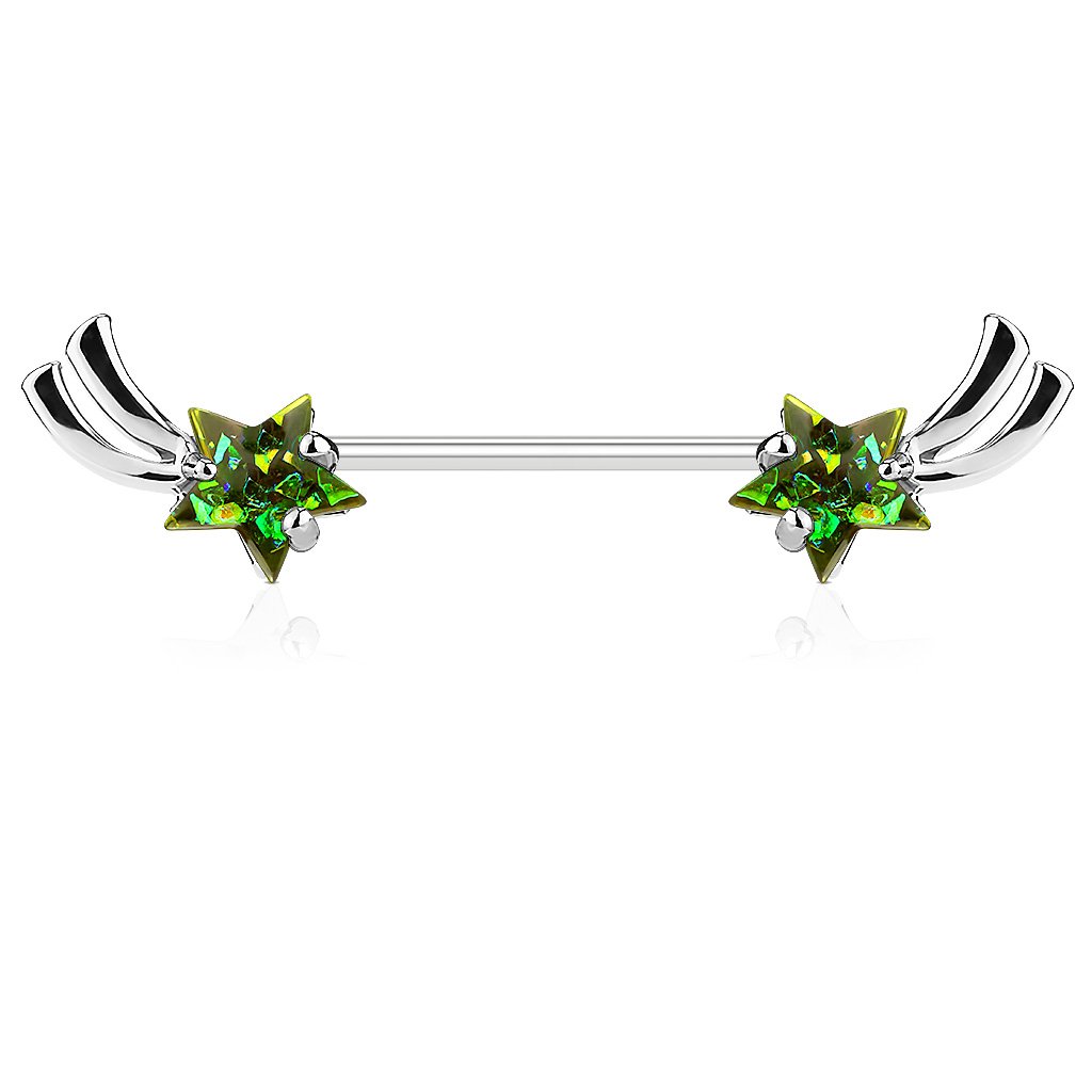 PiercedOff 316L Surgical Steel Externally Threaded Nipple Barbell with Dark Green Imitation Opal Glitter Shooting Star Ends - Thickness 14GA (1.6mm) Length 14mm / Star Size is 5mm
