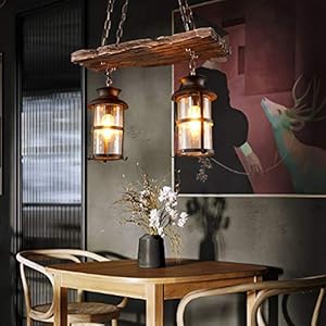 Hanglamp E27 Pastorale Landelijke Stijl Hanglamp Retro Hout Zwart Glas Lampenkap Ijzeren Ketting in Hoogte Verstelbaar…
