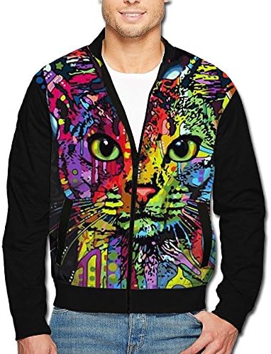 Men's Print Zip Front Jacket Psychedelic Sphinx Cat Stand Collar Baseball Bomber Jacket Sleeve Coat
