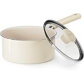 Redchef Ceramic Sauce pan with Lid, 2.5QT Kitchen Cooking Pot, Beige White | Ceramic Sauce Pot, PFAS Free, Durable Nonstick, Stay Cool Ergonomic Handle, Wipe Clean Ease, Induction/Gas/Electric