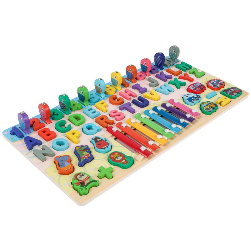 Top Sale Montessori 6-in-1 Wooden Alphabet Number Learning Board with Xylophone Magnetic Fishing Game, ABC Letters, Animals & Vehicles Educational Toy for Toddlers Ages Gift for Boys & Girls