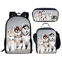 Salabomia Husky Printing School Students 3PCS Backpack Set Shoulder Book Bags + Lunch Bag + Kids Pencil Case