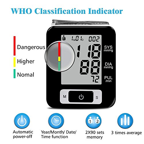 Wrist Blood Pressure Monitor, Digital BP Monitor with Memory Storage, Intelligent LCD Display Automatically Measure Pulse Diastolic Systolic and Shows Hypertension Level (Ck133)
