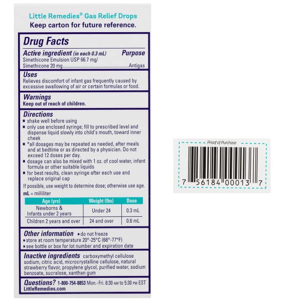 LITTLE REMEDIES GAS RELIEF DROPS, NATURAL BERRY FLAVOR, SAFE FOR NEWBORNS 1.0 FL OZ (PACK OF 6)
