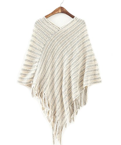 Women's Elegant V-neck Batwing Tassels Poncho Cape Knit Sweater Cloak Knitted Jumper ( Beige )