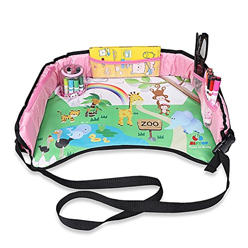 KIPTOP Car Seat Travel Tray,Kids Play & Learn Tray for Snacks Drawing ,Sturdy Side Walls, Strong Buckles,Works on Buggy and Pushchair (Pink)