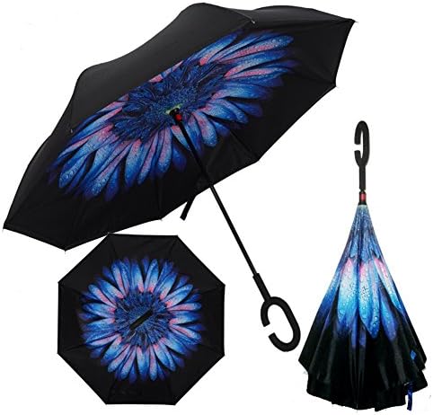 Inverted Umbrellas, Double Layer folding Reverse Umbrella C-Shape Handle Windproof UV Protection Umbrella (Blue Drops)