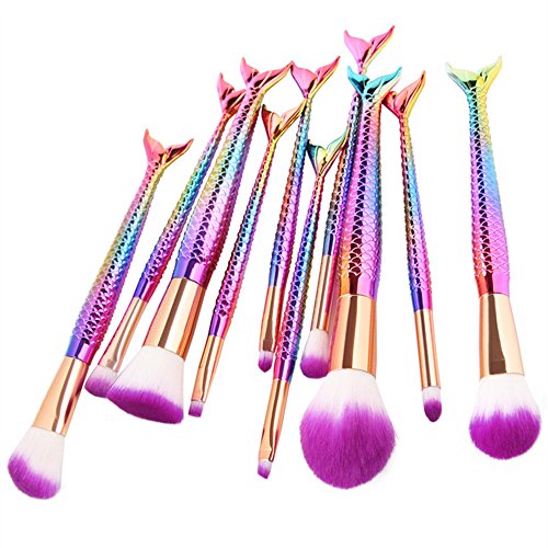 Mermaid Makeup Brush Set, Coshine 10pcs/set Colorful Rainbow Unique Mermaid Makeup Brush Set Cosmetic Tools Kits