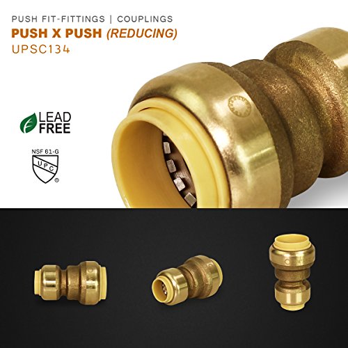 Pushlock UPSC134 Reducing Coupling Pipe Fittings Push to Connect Pex Copper, CPVC, 1 x 3/4 Inch, Brass, 4, Brass & Copper