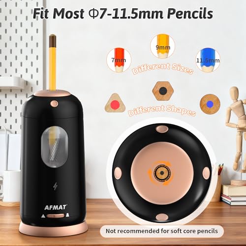 AFMAT PSC8 Electric Pencil Sharpener, Auto in & Out, Fully Automatic Pencil Sharpener, Rechargeable Hands-Free Sharpeners for Jumbo & Colored Pencils (7-11.5mm), Good for Classroom/Home/Office, Black
