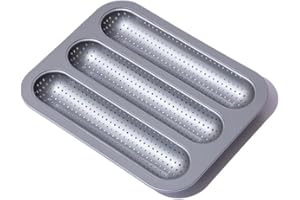 FAQQI Metal Sub Roll & Hoagie Roll Baking Pan 12 inch, 3-Slot Perforated French Bread & Mini Baguette Pan, Nonstick Carbon St