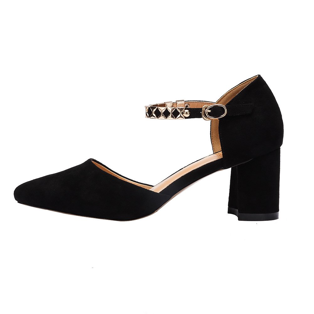 CAMEL CROWN Women\'s Elegant Pointy Toe Chunky Heel Dorsay Pumps with Ankle Straps Color 600 Black Size 8