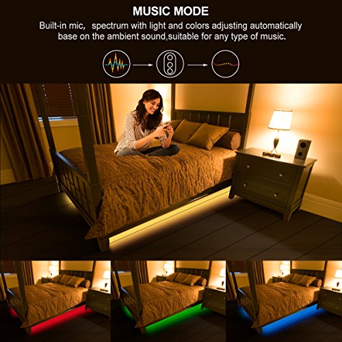 MINGER RGB Under Bed Light Wireless APP Control LED Strip Lights Sync Music, 2×4.92ft IP65 Waterproof Music Rope Lighting, 12V Power Supply Flexible RGB Light Strip, LED Bed Light Bedroom - Thumbnail 4