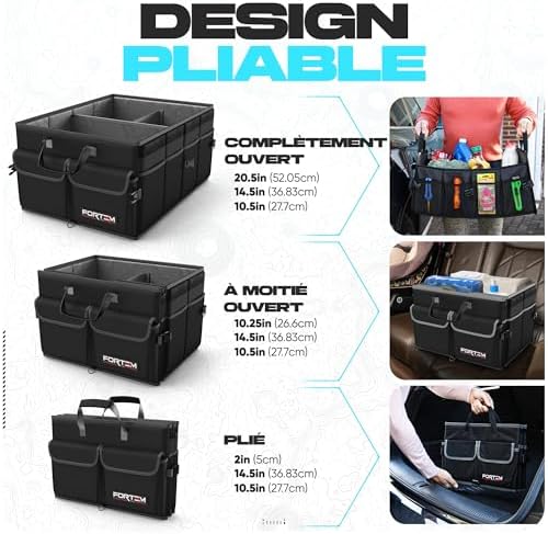 Organiseur de coffre de voiture, pliable, plusieurs compartiments, rangement pliable pour accessoires de voiture, fond antidérapant, sangles de sécurité, couvercle souple, 50 L (Noir, Standard)