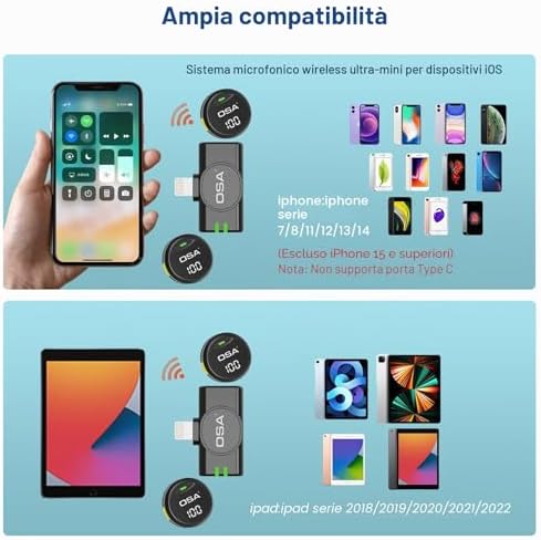 microfono lavalier per iPhone e iPad, mini microfono a spina lightning senza fili, batteria 40 ore per registrazioni video, interviste, podcast, YouTube, vlog