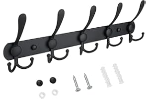 TICONN Wall Mounted Coat Rack, Five Heavy Duty Tri Hooks All Metal Construction for Jacket Coat Hat in Mudroom Entryway (Matte Black, 1-Pack)