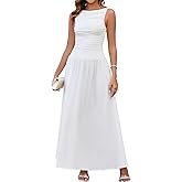 EYNMIN Summer Sleeveless Long Dress Crewneck Ruched Tank Flowy A Line Casual Formal Wedding Guest Dresses for Women