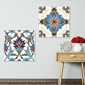 2 Panel Square Canvas Wall Art - Bright Color Floral Patterns - Giclee Print Gallery Wrap Modern Home Art Ready to Hang - 12"x12" x 2 Panels