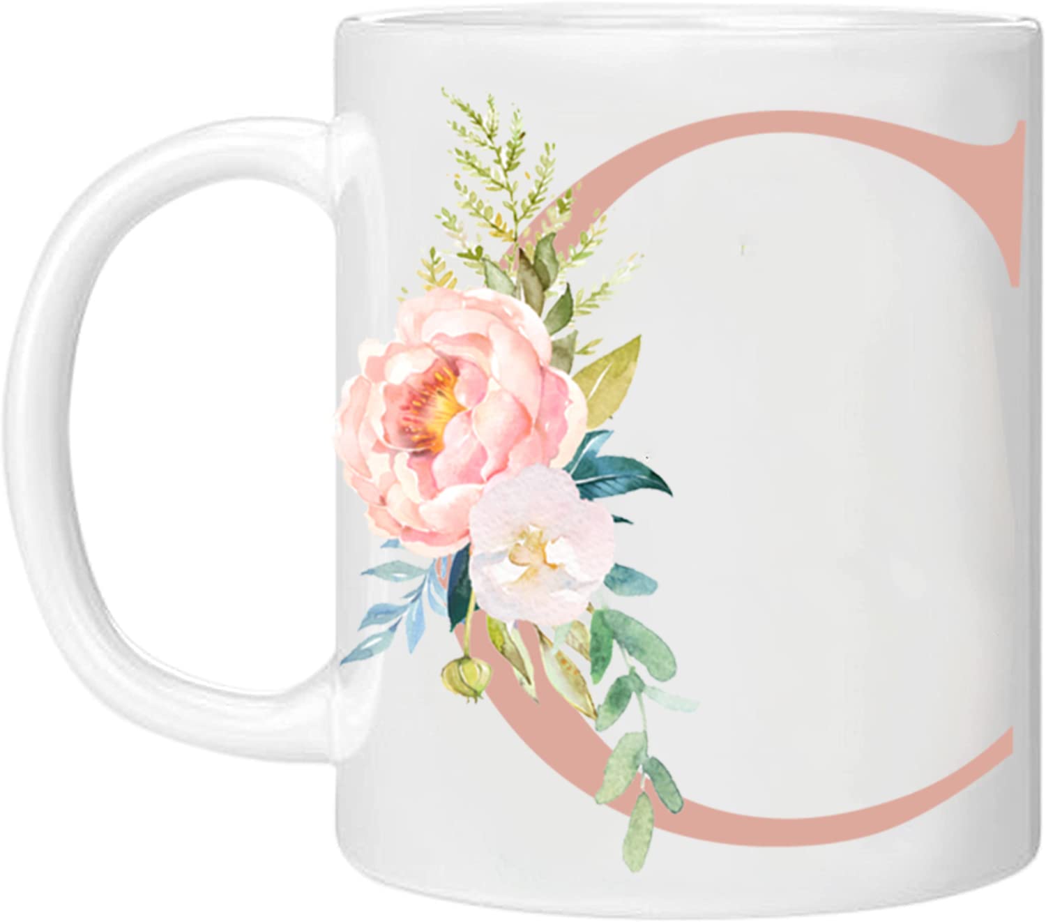 MOBILE STUFF Personalised Floral Mug Letter C - Any Letter Alphabet 11oz Ceramic Coffee/Tea Cup Printed Glitter, NOT Real Glitter (Rose - C)