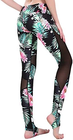 Ensasa Women's Stirrup Leggings, High Waist Printed Work Out Sexy Mesh Yoga Pants Leggings, Green, XX-Large