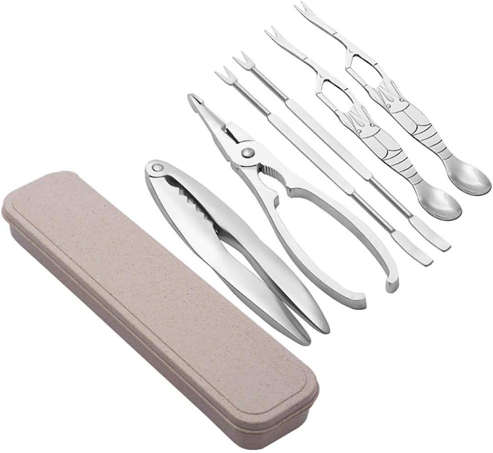Wateralone 6pcs Stainless Seafood Tool Sets Seafood Opener Tool Kit, Crustacean Set with Storage box, 2 Pcs Lobster Crackers and 4 Pcs Stainless Steel Seafood Forks/Picks - Silver