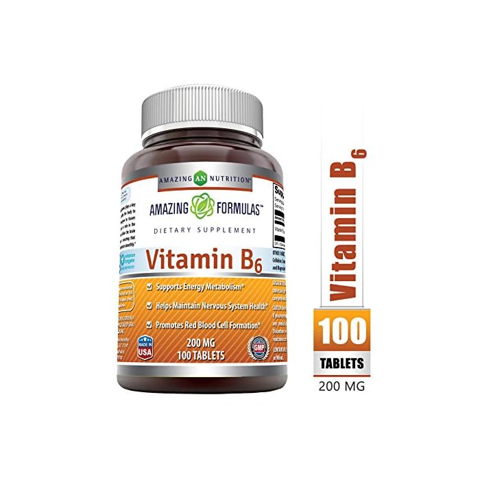 Amazing Formulas Vitamin B6 Pyridoxine 200mg 100 Tablets Supplement | Non-GMO | Gluten Free | Made in USA