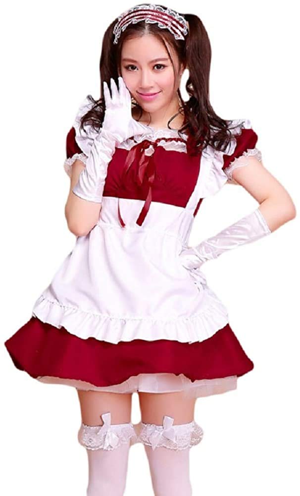 LABABE Women's Maid Anime Costume Outfits Long Dress with Apron and Headpiece,Alice in Wonderland Fancy Dress,Lolita Maid Costumes Halloween Fancy Dress Sets Kits Apron(Dark Red,Size XXXL)