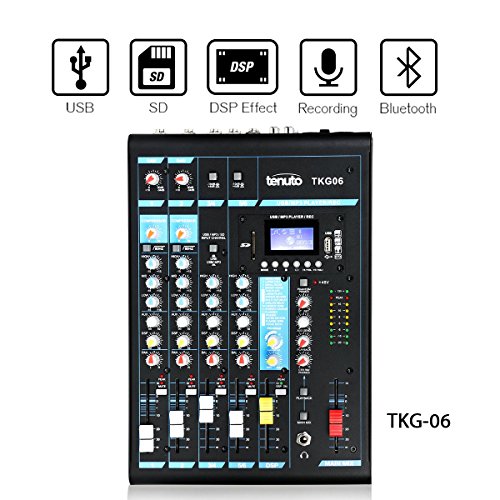 Tenuto Tech Portable Compact Mixer Audio Mixer Analog Mixer 6-Channel Profossional Analog Mixer Console With 3 Band EQ, 48V, DSP Effects MP3/USB/SD Card Playback & Recording System (6 channel)