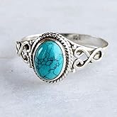 Koguxuix Fashion Genuine Women's 925 Sterling Silver Ring Oval Cut Natural Bohemia Turquoise Jewelry Birthday Proposal Hollow Engagement Party Band Rings Size 6-10 (6)
