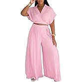 KEYUFANG Women's Summer 2 Piece Outfits Wrap V Neck Crop Top and Wide Leg Pants Sets Casual Vacation Outfits