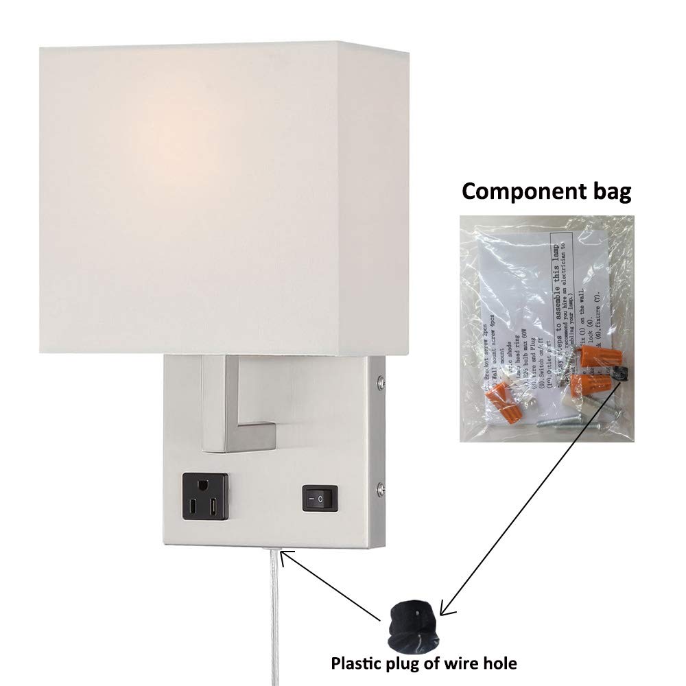 HomeFocus Bedside Wall Lamp Light with Outlet,Living Room Wall Lamp Light,Wall Sconces, Metal Satin Nickel, White Fabric Shade,Top Quality for Home and Hotel.